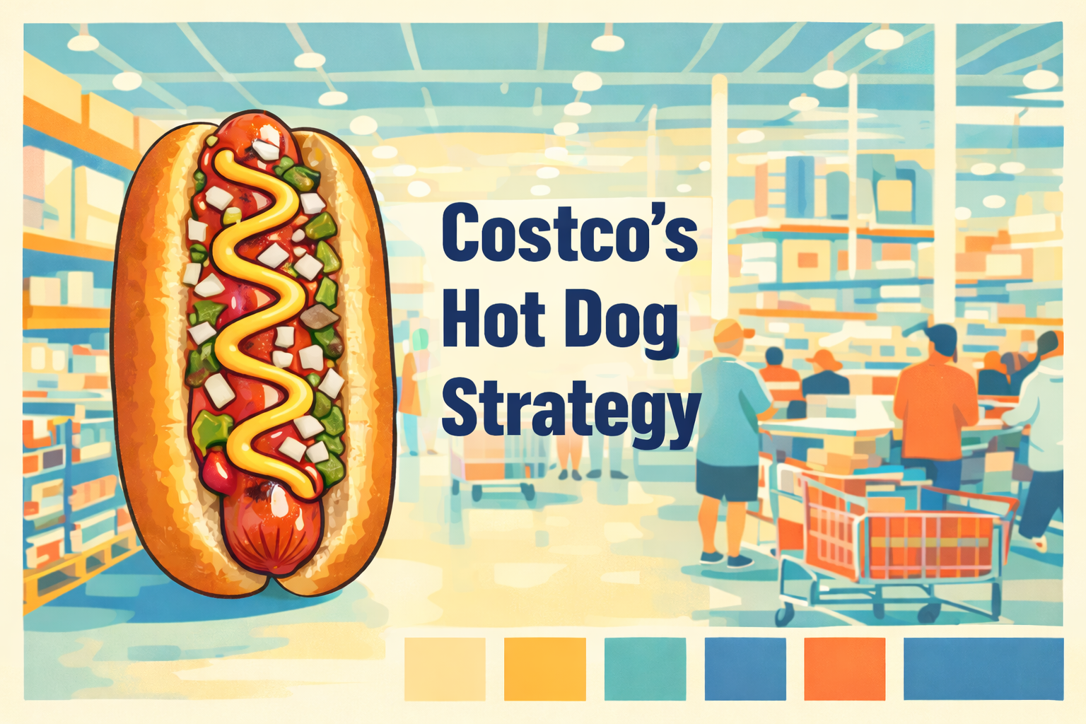 A cartoon image of a hot dog and retail store with text "Costco's Hot Dog Strategy"