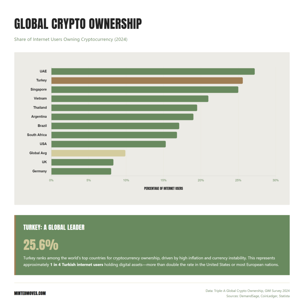 A horizontal bar chart showing different countries vs crypto adoption. UAE is on the top with Turkey below it.