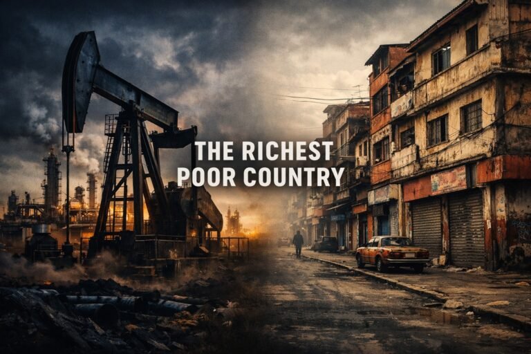 Oil rigs on left hand side of image transitioning to a broken city