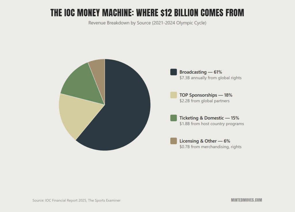 Pie chart of IOC's $12 billion revenue breakdown: Broadcasting (61%), TOP Sponsorships (18%), Ticketing & Domestic (15%), and Licensing & Other (6%) for the 2021-2024 Olympic cycle.