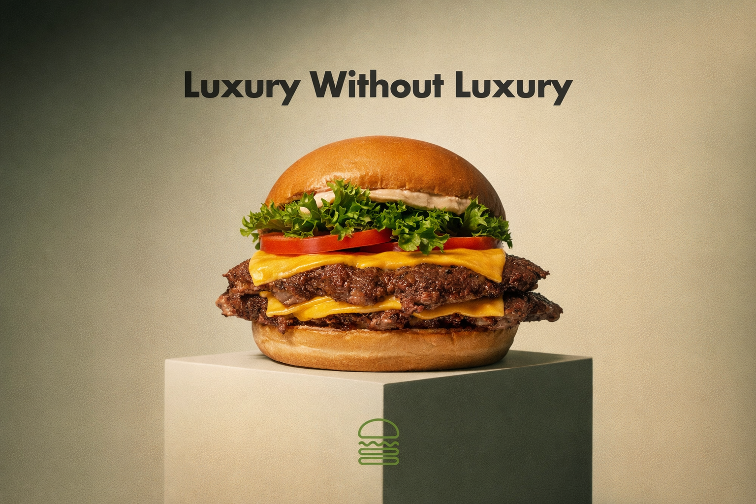 A burger sits on a stand in focus. Above it says "Luxury without Luxury"