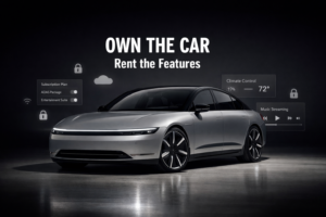 A thumbnail image showing the Afeela-1 with app icons hovering around and the text that says "Own the car. Rent the features."