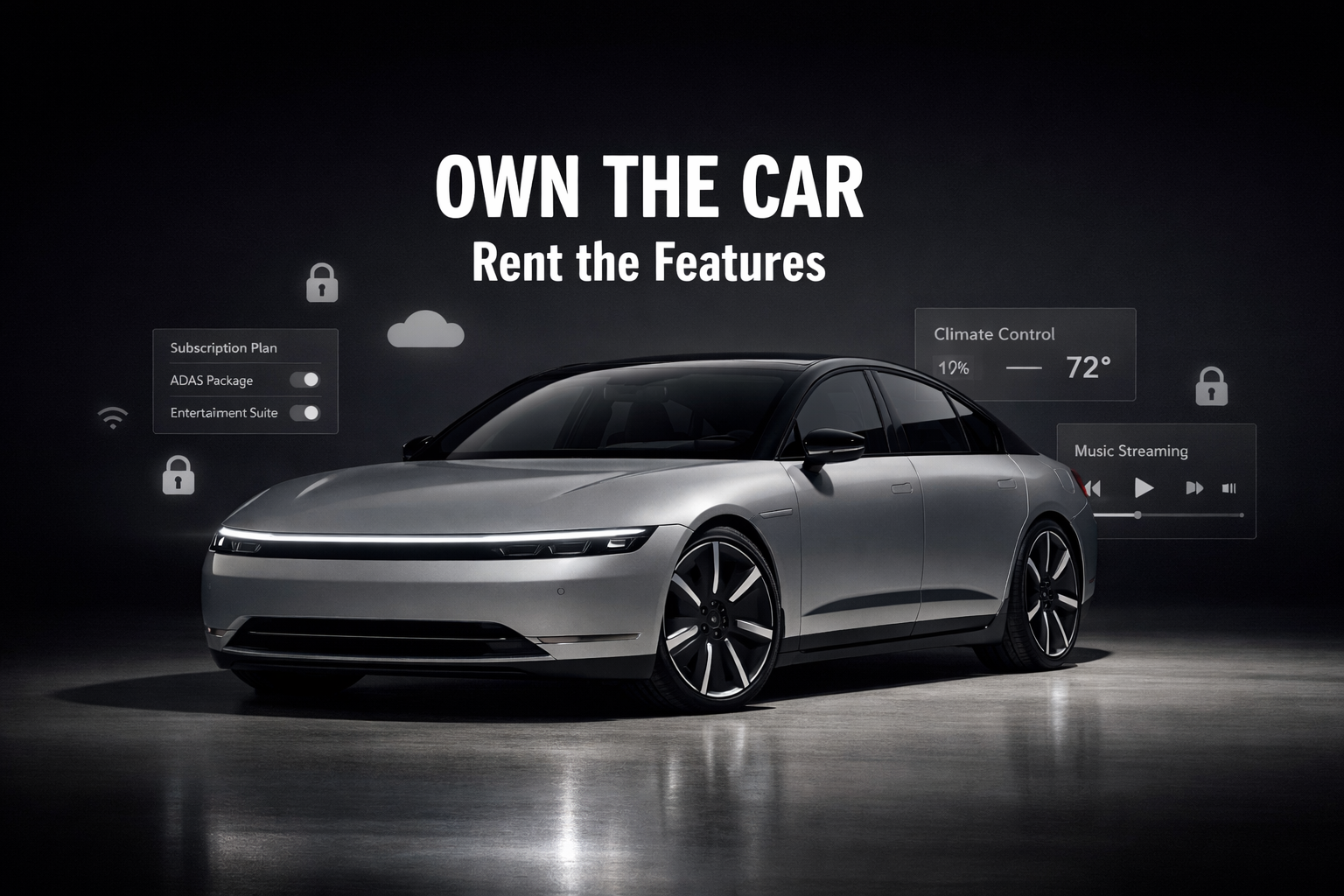 A thumbnail image showing the Afeela-1 with app icons hovering around and the text that says "Own the car. Rent the features."